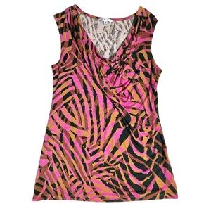 CAbi Pink Orange Abstract Stretchy Sleeveless Waterfall Neckline Blouse SzM